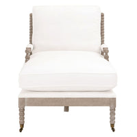 White Rouleau Peyton Pearl Chaise Lounge with carved spool wood frame and caster wheels.