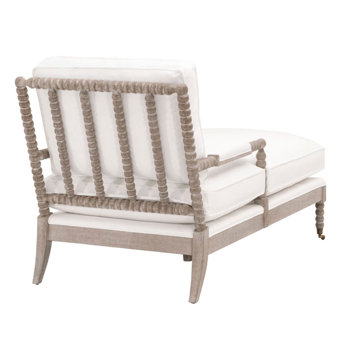 Peyton Pearl Chaise Lounge with white cushions and a carved spool solid wood frame.
