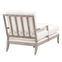 Peyton Pearl Chaise Lounge with white cushions and a carved spool solid wood frame.