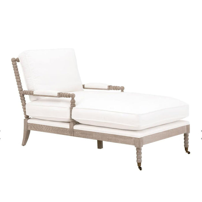 White Rouleau Peyton Pearl chaise lounge with carved spool solid wood frame and polyester/down blend cushions.