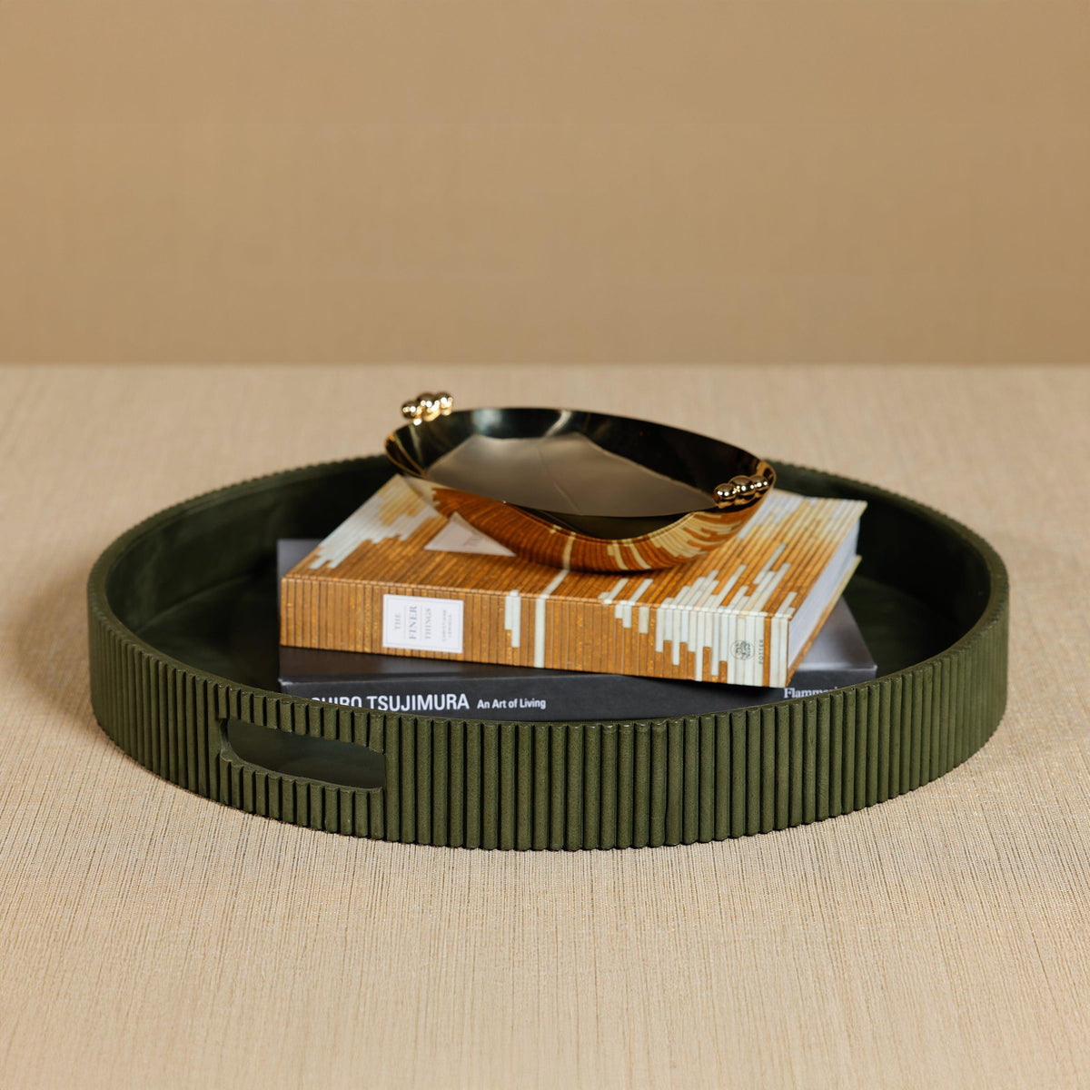 Round Fluted Green Leather Tray - Tray Detail | Bone & Brass