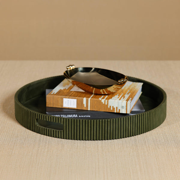 Round Fluted Green Leather Tray - Tray Detail | Bone & Brass