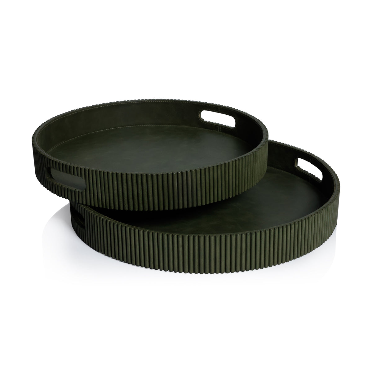 Round Fluted Green Leather Tray - Tray Top View | Bone & Brass