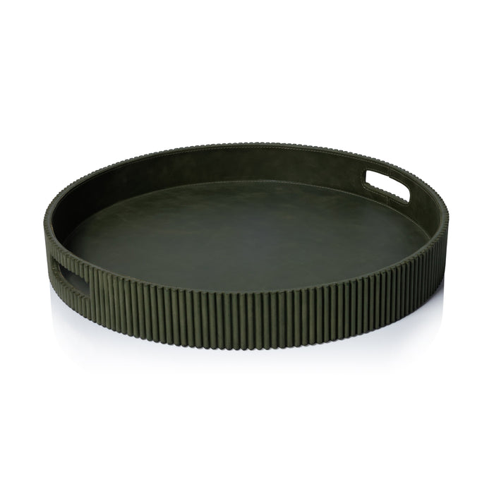 Round Fluted Green Leather Tray | Bone & Brass
