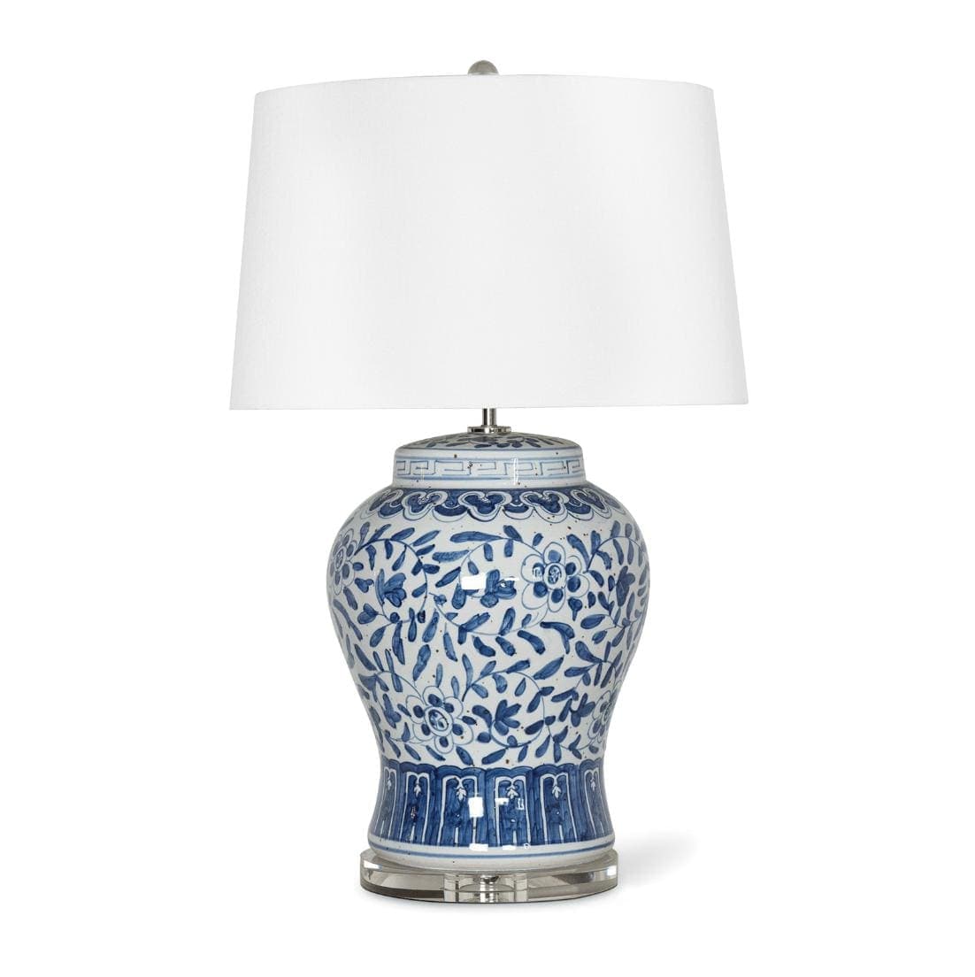 Royal Ceramic Table Lamp with a blue floral design, white linen shade, and crystal base.
