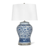 Royal Ceramic Table Lamp with a blue floral design, white linen shade, and crystal base.