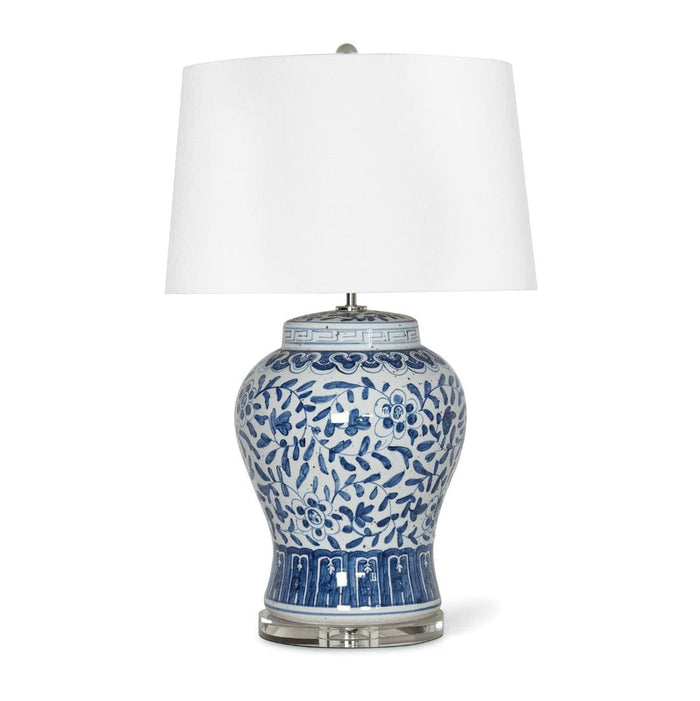 Royal Ceramic Table Lamp with a blue floral design, white linen shade, and crystal base.