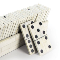 Royal Dominos Set with white bone pieces and a handcrafted inlaid bone mosaic case.