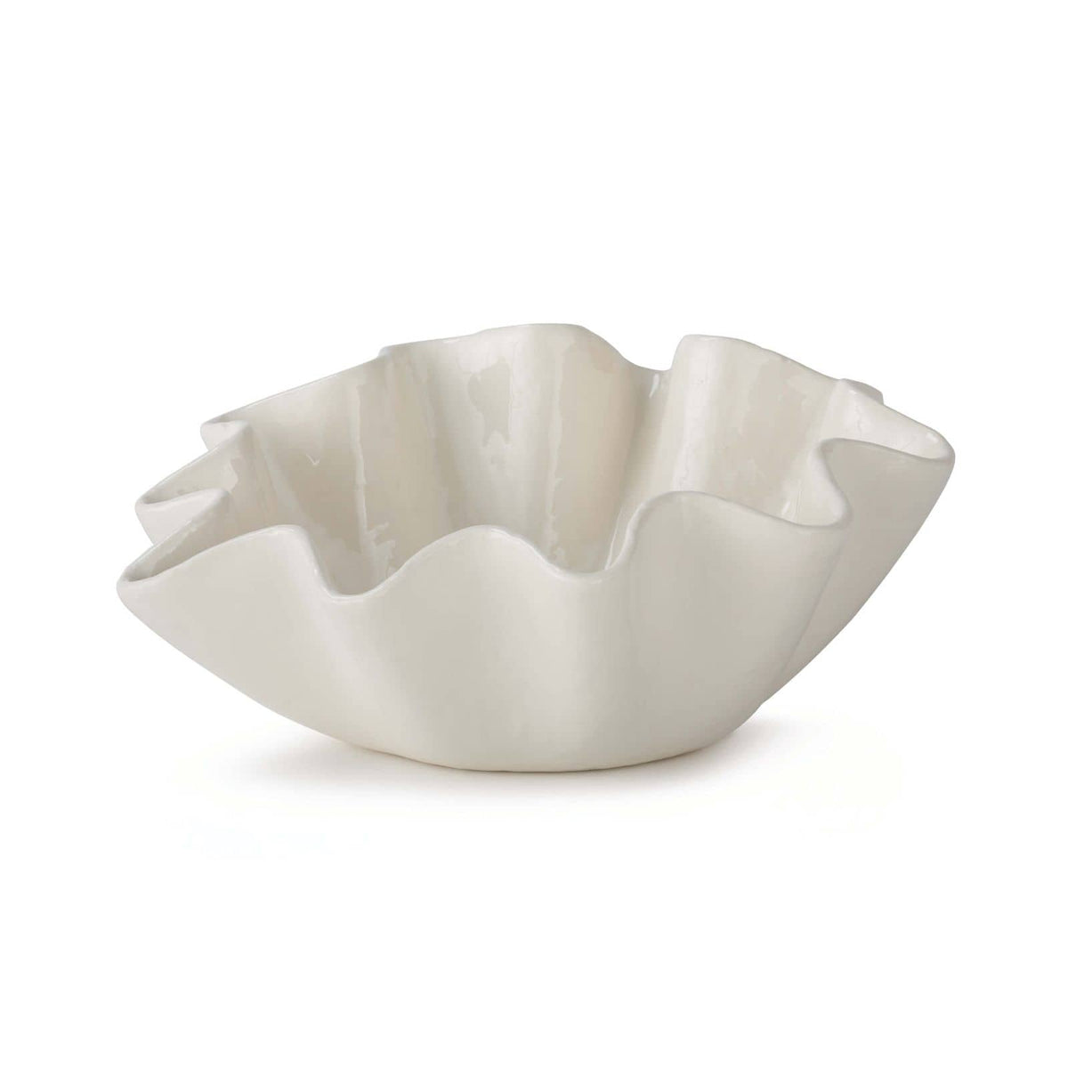 Medium creamy white ceramic bowl with ruffled edges.