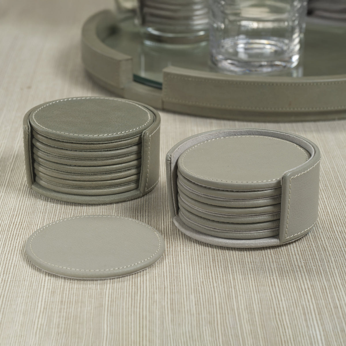 Ruvo Sage Leather Coaster Set - Coaster Top View | Bone & Brass