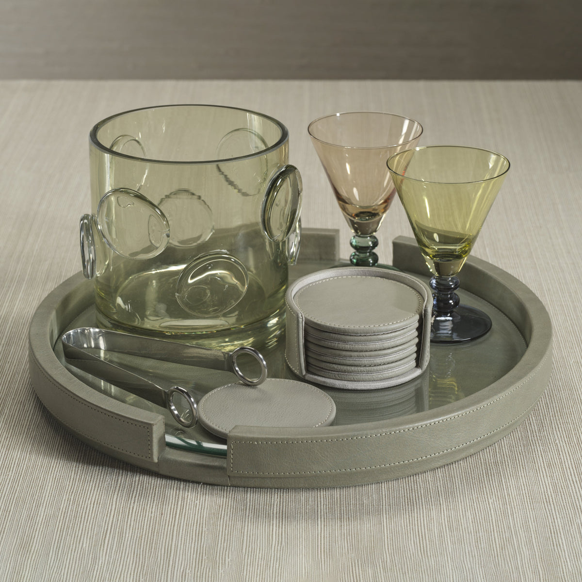 Ruvo Sage Leather Serving Tray with Glass Insert - Tray Detail | Bone & Brass