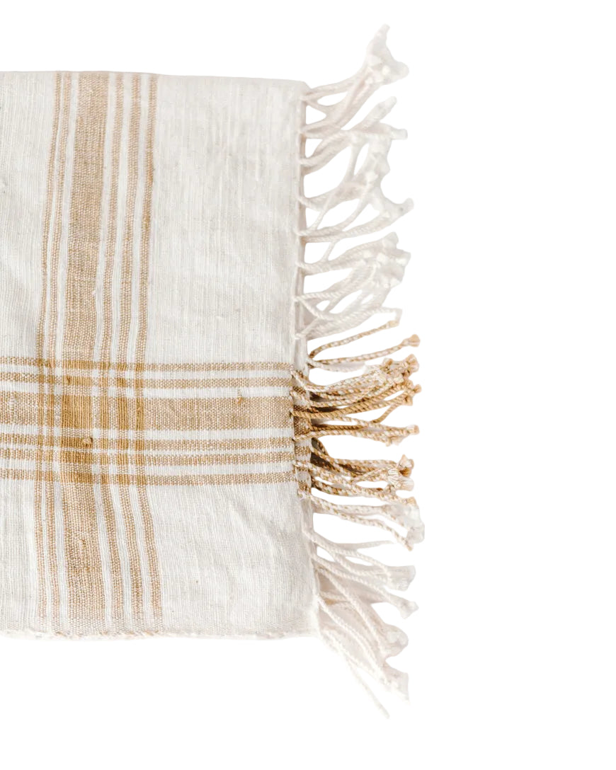 Textured towel with plaid pattern and frayed edges on a white background