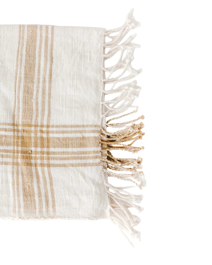 Textured towel with plaid pattern and frayed edges on a white background
