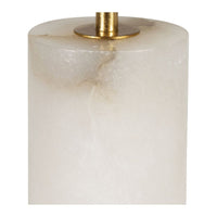Close-up of Sacha Alabaster Table Lamp base with natural white stone and gold leaf metal accents.