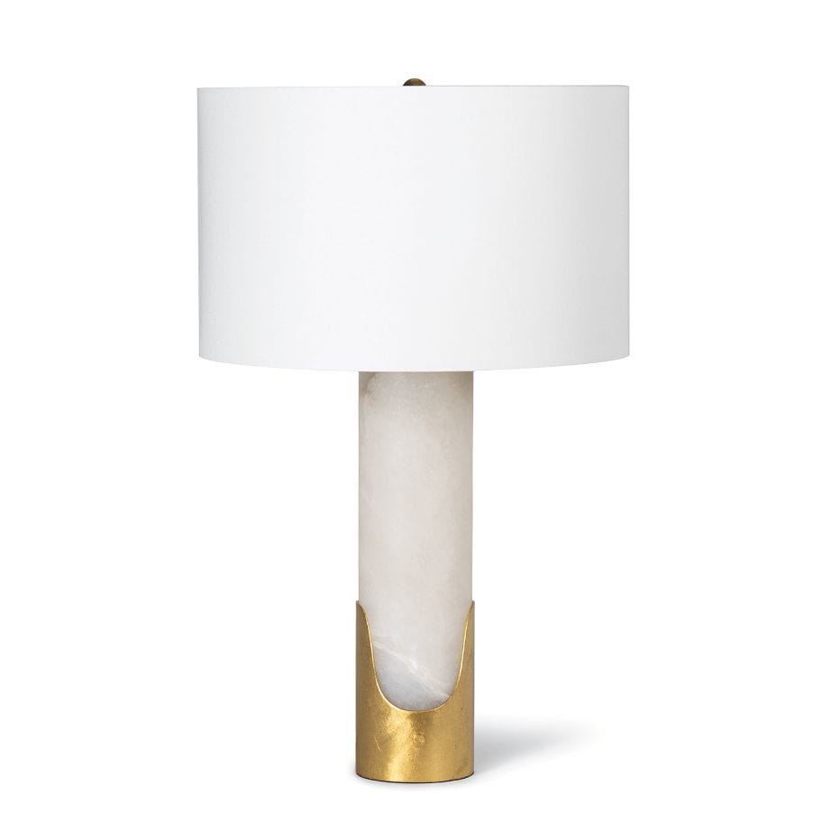 Sacha Alabaster Table Lamp with a white linen shade and gold leaf metal base.