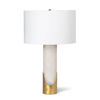 Sacha Alabaster Table Lamp with a white linen shade and gold leaf metal base.