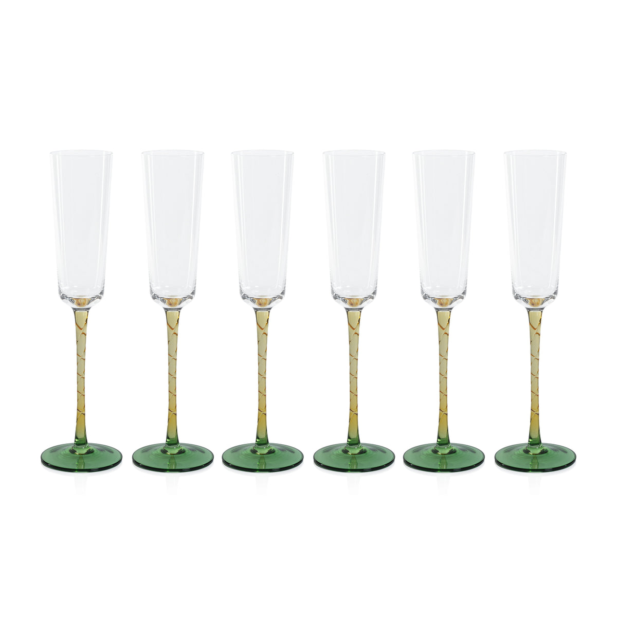 Sachi Amber & Green Champagne Flutes, Set 6 - Glass Stem Detail | Bone & Brass