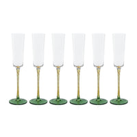 Sachi Amber & Green Champagne Flutes, Set 6 - Glass Stem Detail | Bone & Brass