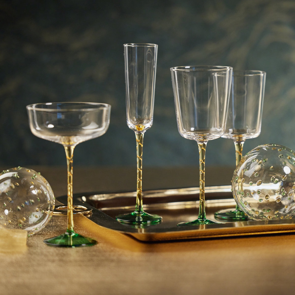 Sachi Amber & Green Cocktail / Martini Glasses, Set 4 - Glass Detail | Bone & Brass