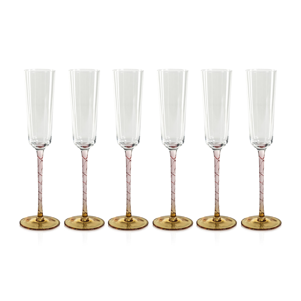 Sachi Amber & Pink Champagne Flutes, Set 6 - Glass Stem Detail | Bone & Brass