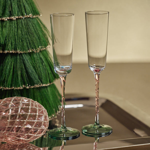 Sachi Green & Pink Champagne Flutes, Set 6 - Glass Detail | Bone & Brass