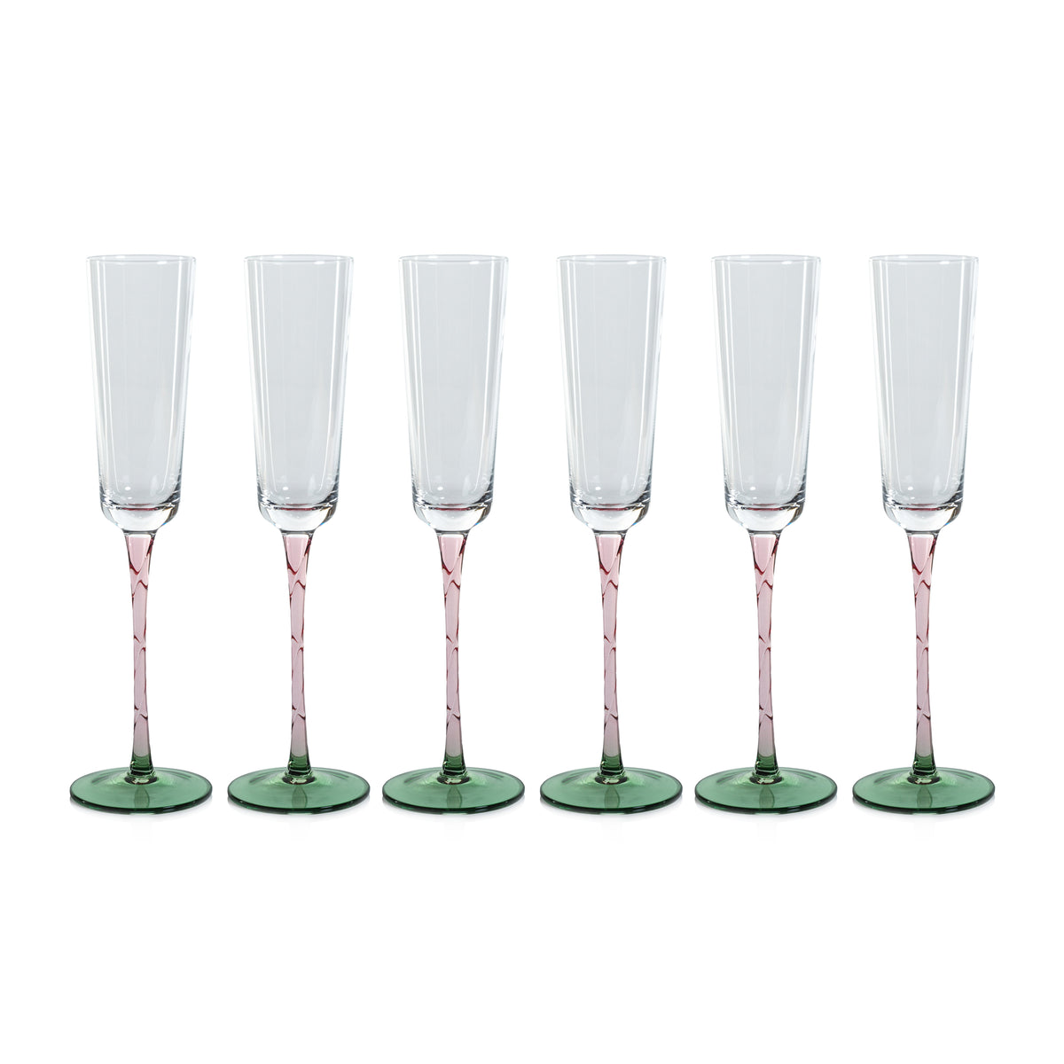 Sachi Green & Pink Champagne Flutes, Set 6 - Glass Stem Detail | Bone & Brass