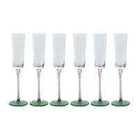 Sachi Green & Pink Champagne Flutes, Set 6 - Glass Stem Detail | Bone & Brass