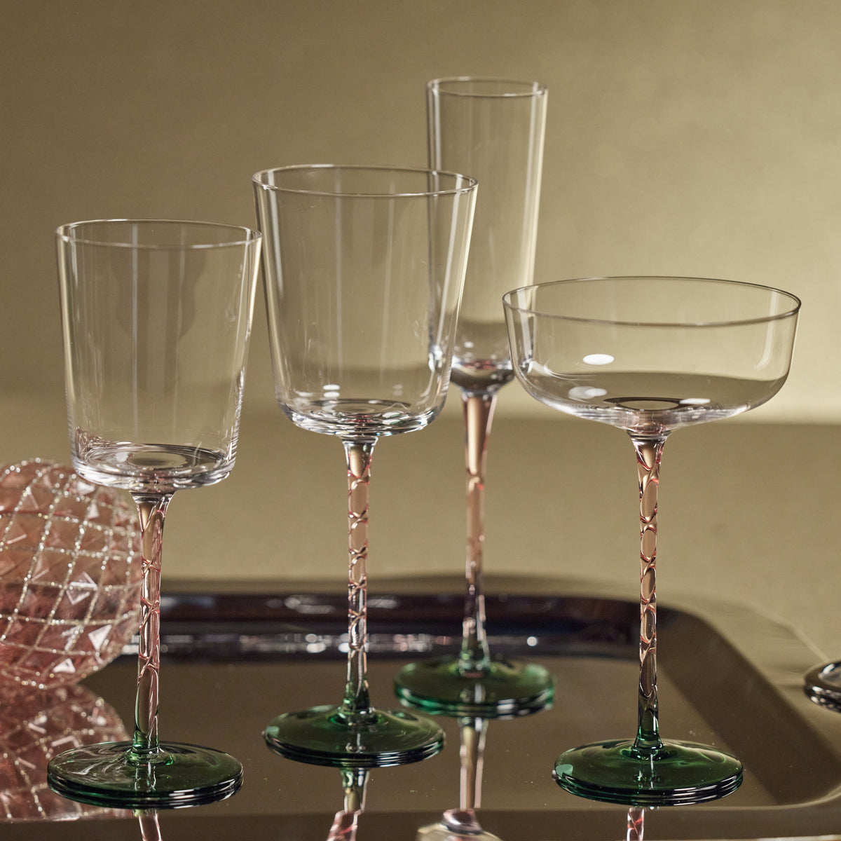 Sachi Green & Pink Champagne Flutes, Set 6 - Glass Bowl Detail | Bone & Brass