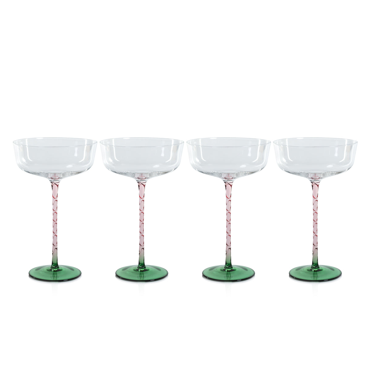Sachi Green & Pink Cocktail / Martini Glasses, Set 4 - Glass Side View | Bone & Brass