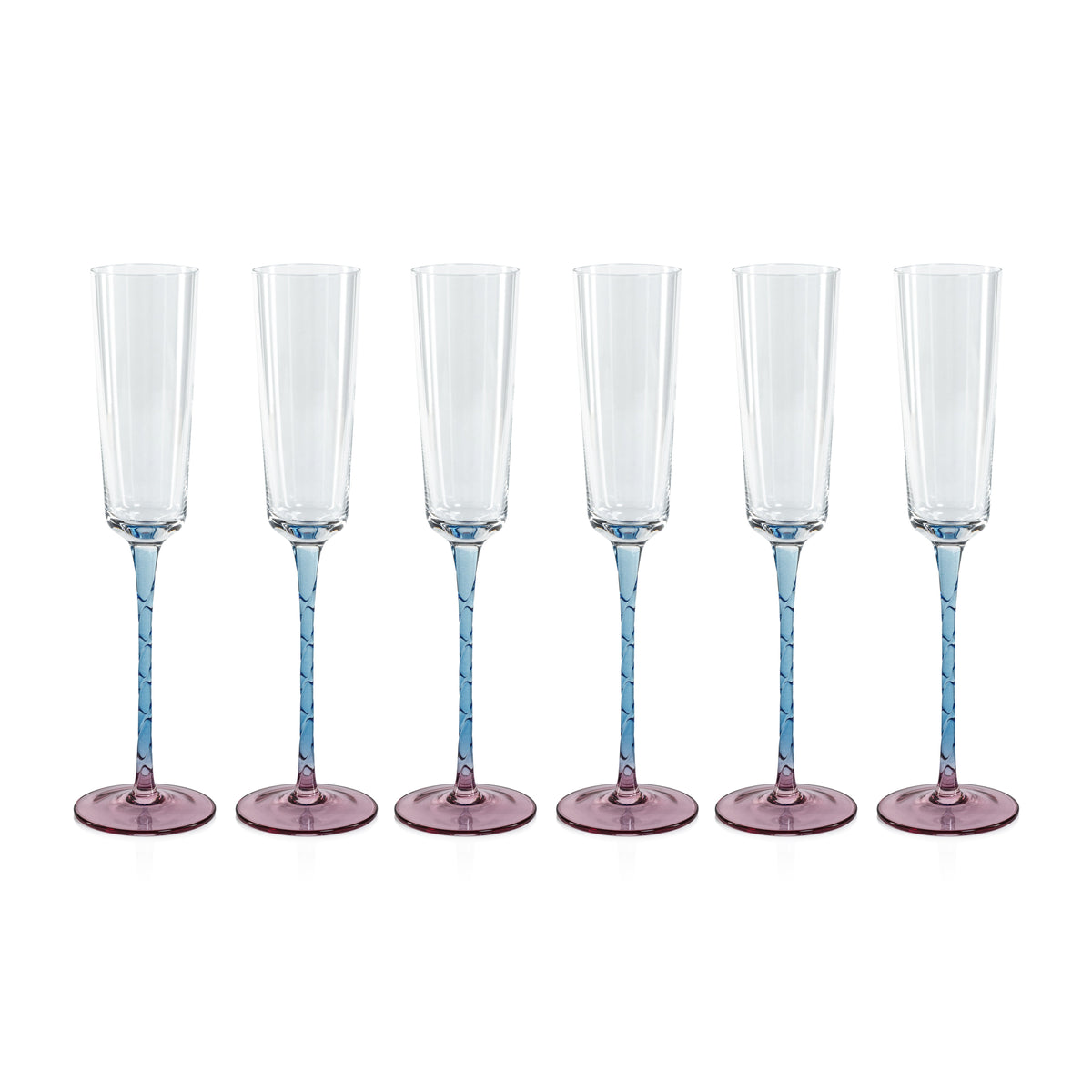 Sachi Pink & Blue Champagne Flutes, Set 6 - Glass Stem Detail | Bone & Brass