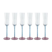 Sachi Pink & Blue Champagne Flutes, Set 6 - Glass Stem Detail | Bone & Brass