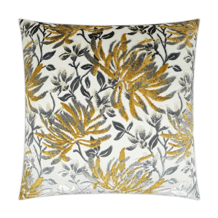 Sadah Mustard Floral Throw Pillow, 24x24, with textured gold, gray, and white botanical pattern.