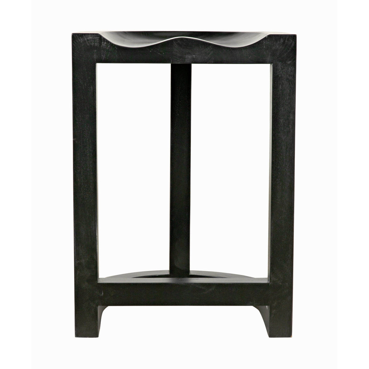 Black hand-rubbed mahogany saddle counter stool with curved seat and western style.
