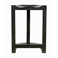 Black hand-rubbed mahogany saddle counter stool with curved seat and western style.