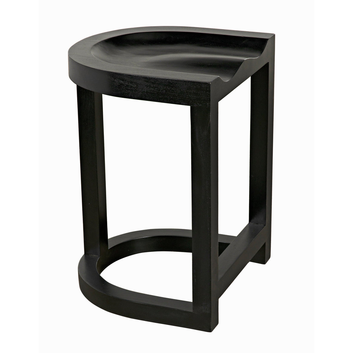 Black mahogany Saddle counter stool with curved seat and western style.