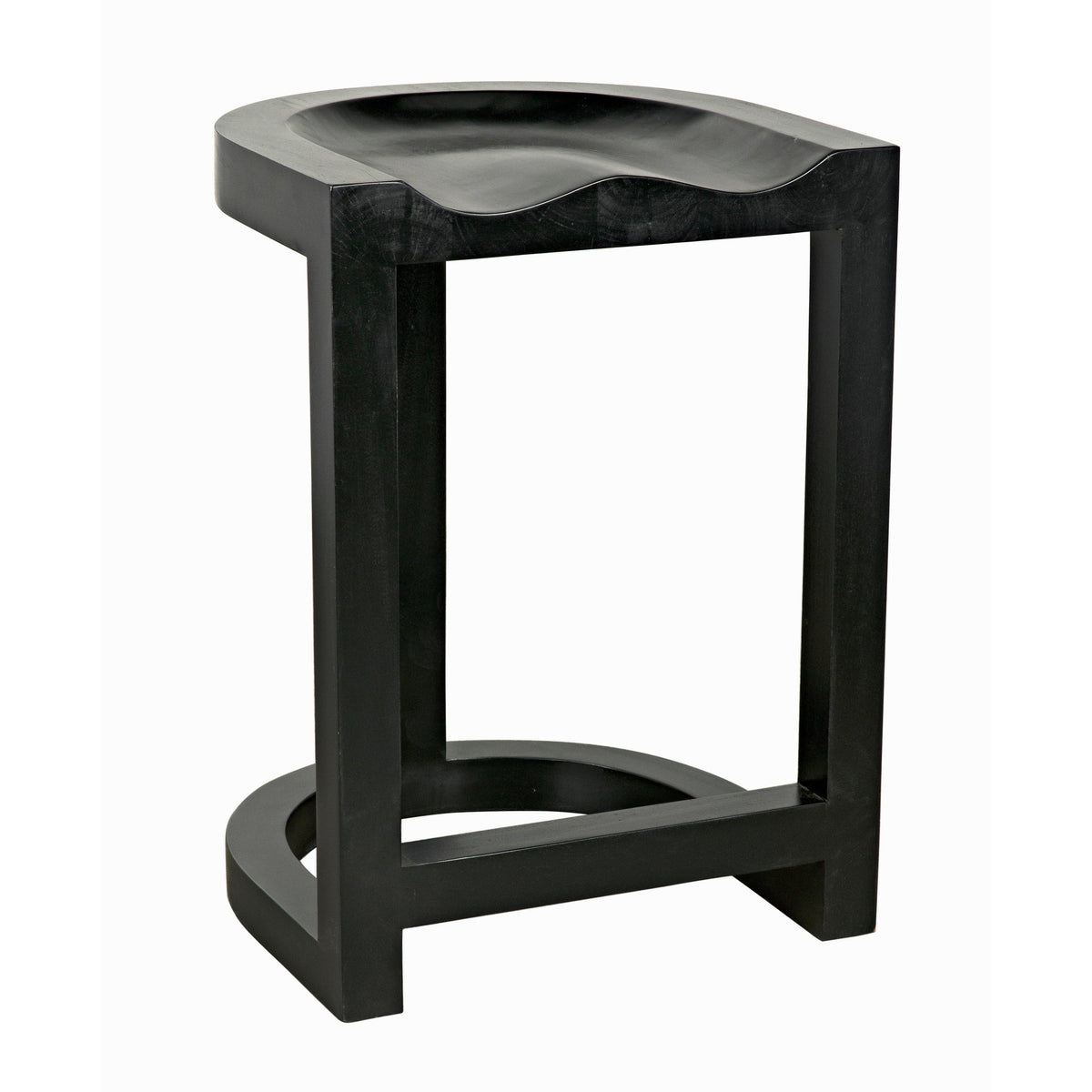 Black mahogany Saddle counter stool with a curved seat and hand-rubbed finish.