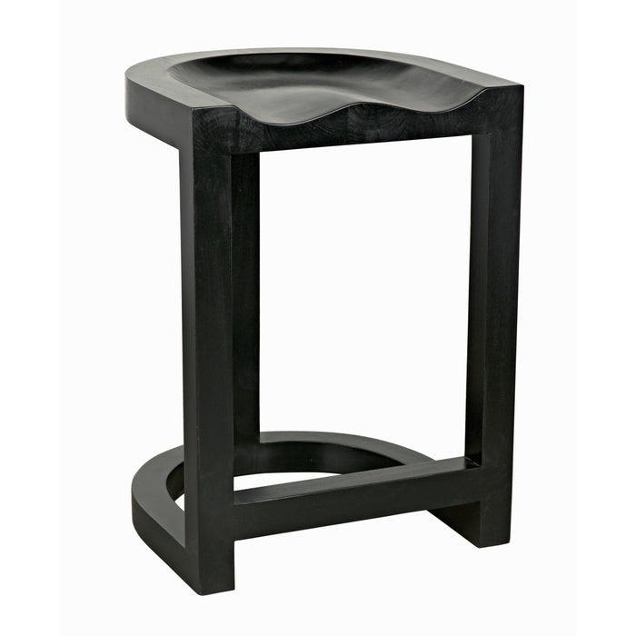 Black mahogany Saddle counter stool with a curved seat and hand-rubbed finish.