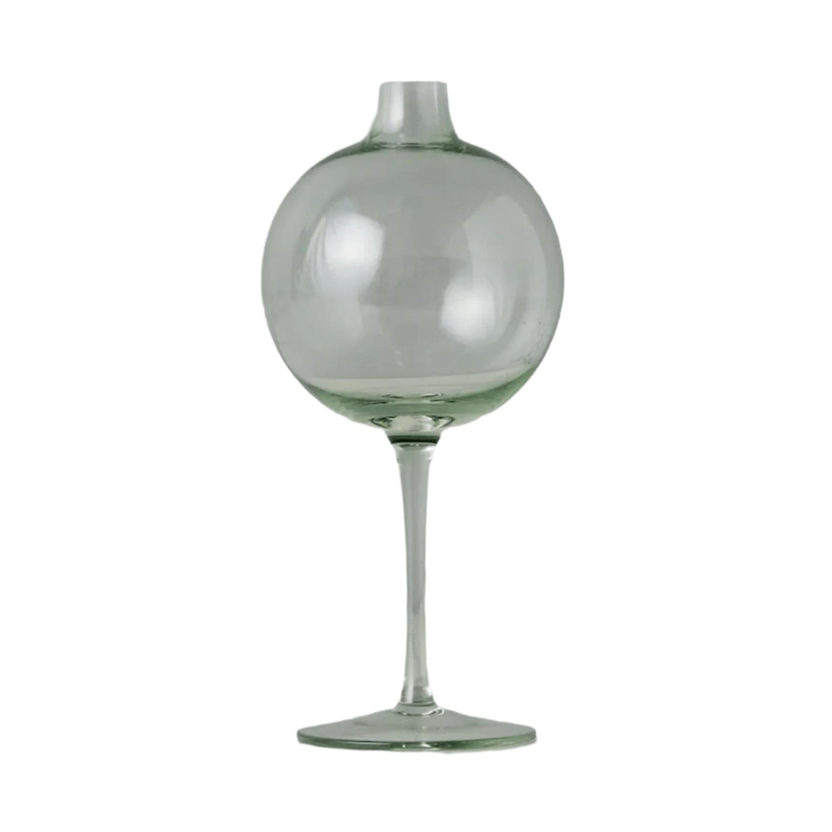 Sage green glass wine glass vase with a spherical body and a slender stem, 8.75"H.