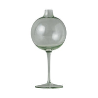 Sage green glass wine glass vase with a spherical body and a slender stem, 8.75"H.