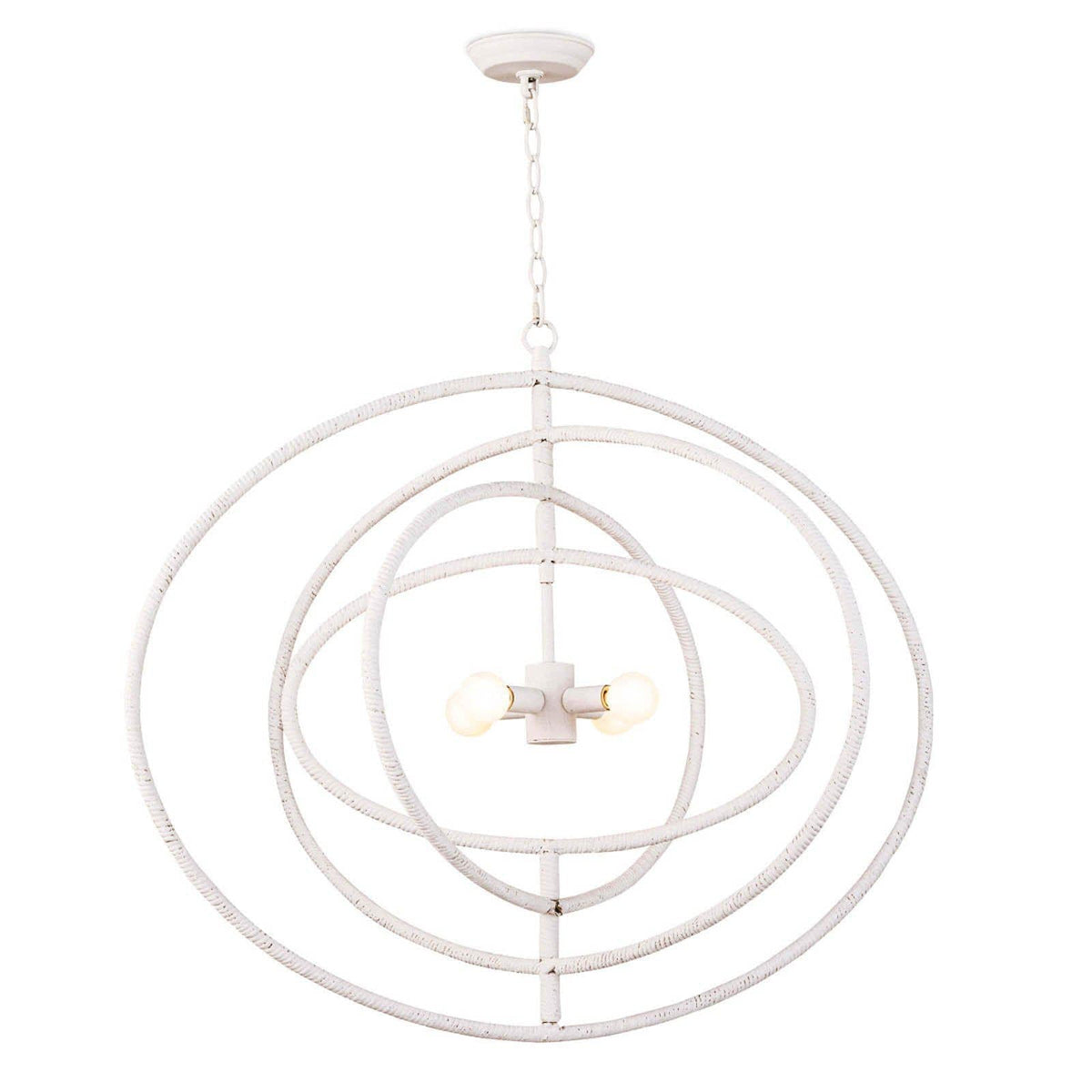 White Sail Chandelier with four exposed bulbs and nested, textured rings.