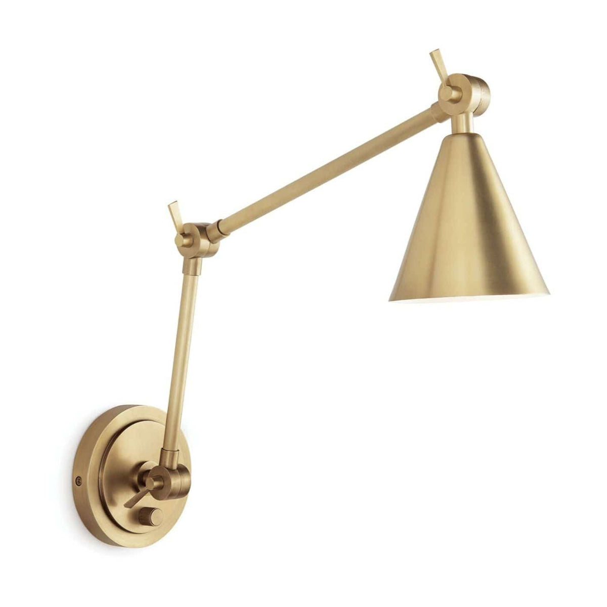 Natural brass Sal Task Sconce with an adjustable arm and conical shade, featuring a Mid-Century Modern design.