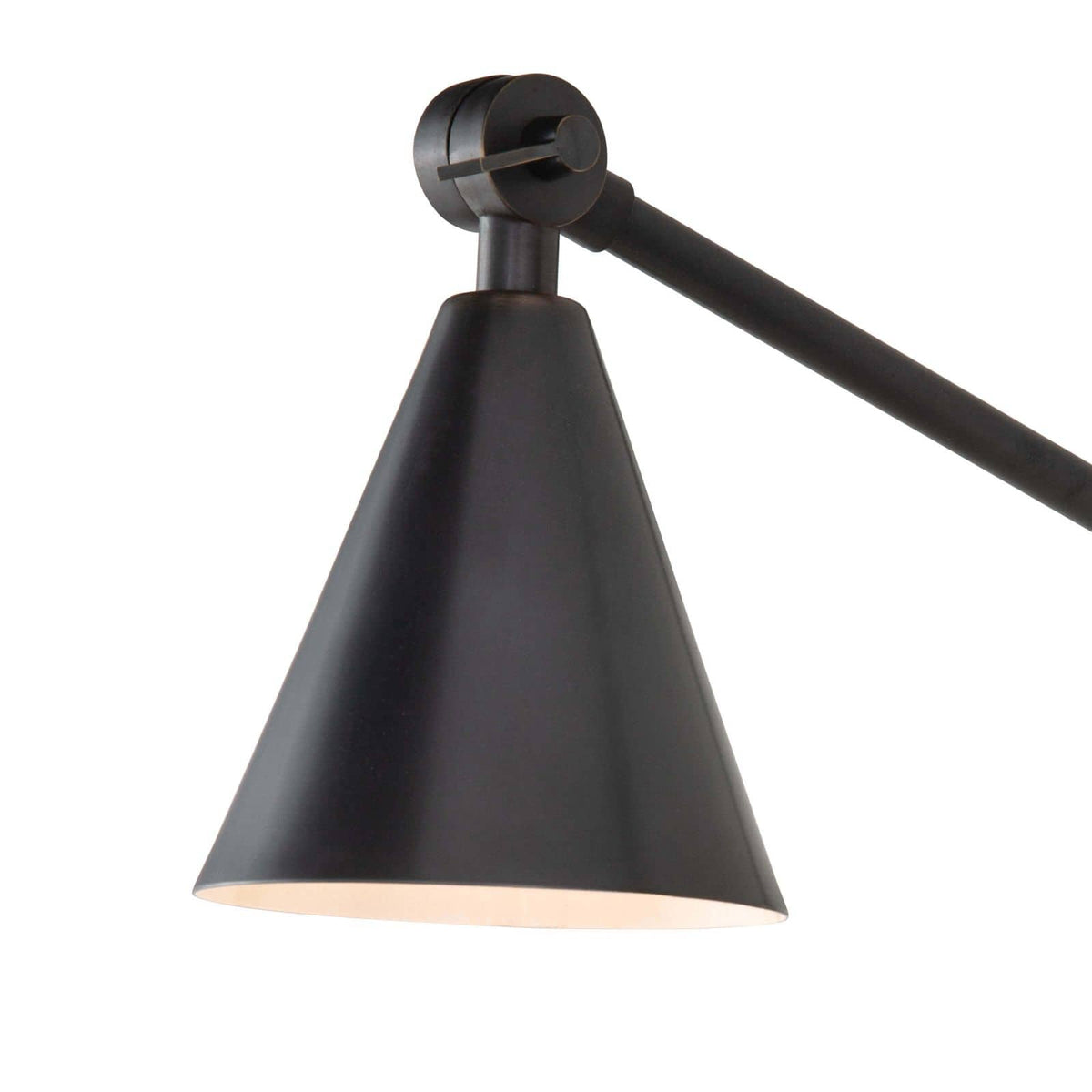 Sal Task Sconce in oil rubbed bronze with an adjustable arm and conical shade, Mid-Century Modern style.