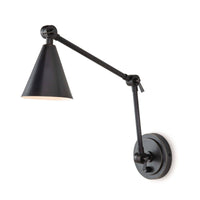 Sal Task Sconce in oil rubbed bronze, a Mid-Century Modern wall lamp with an adjustable arm and conical shade.