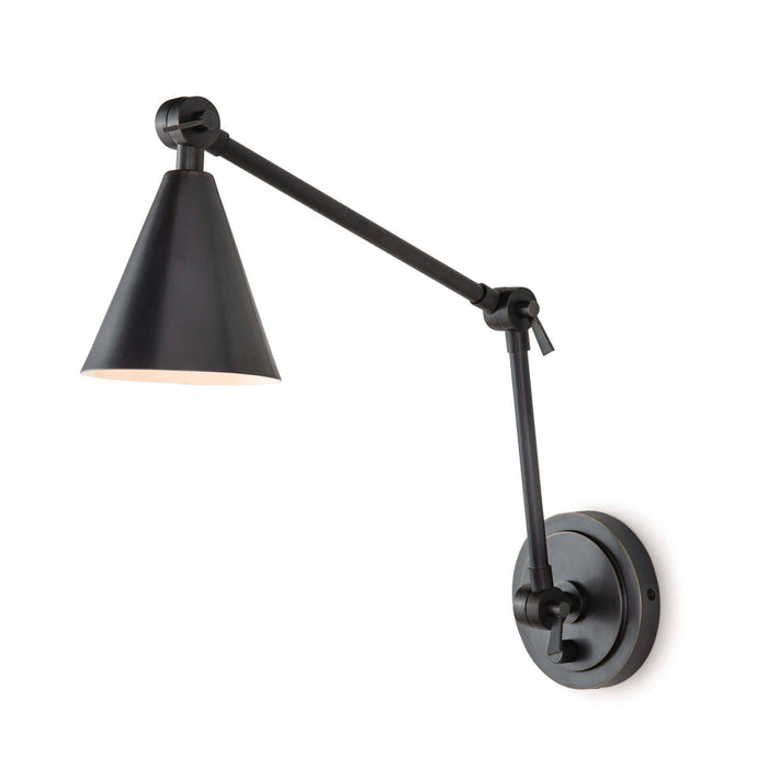 Sal Task Sconce in oil rubbed bronze, a Mid-Century Modern wall lamp with an adjustable arm and conical shade.