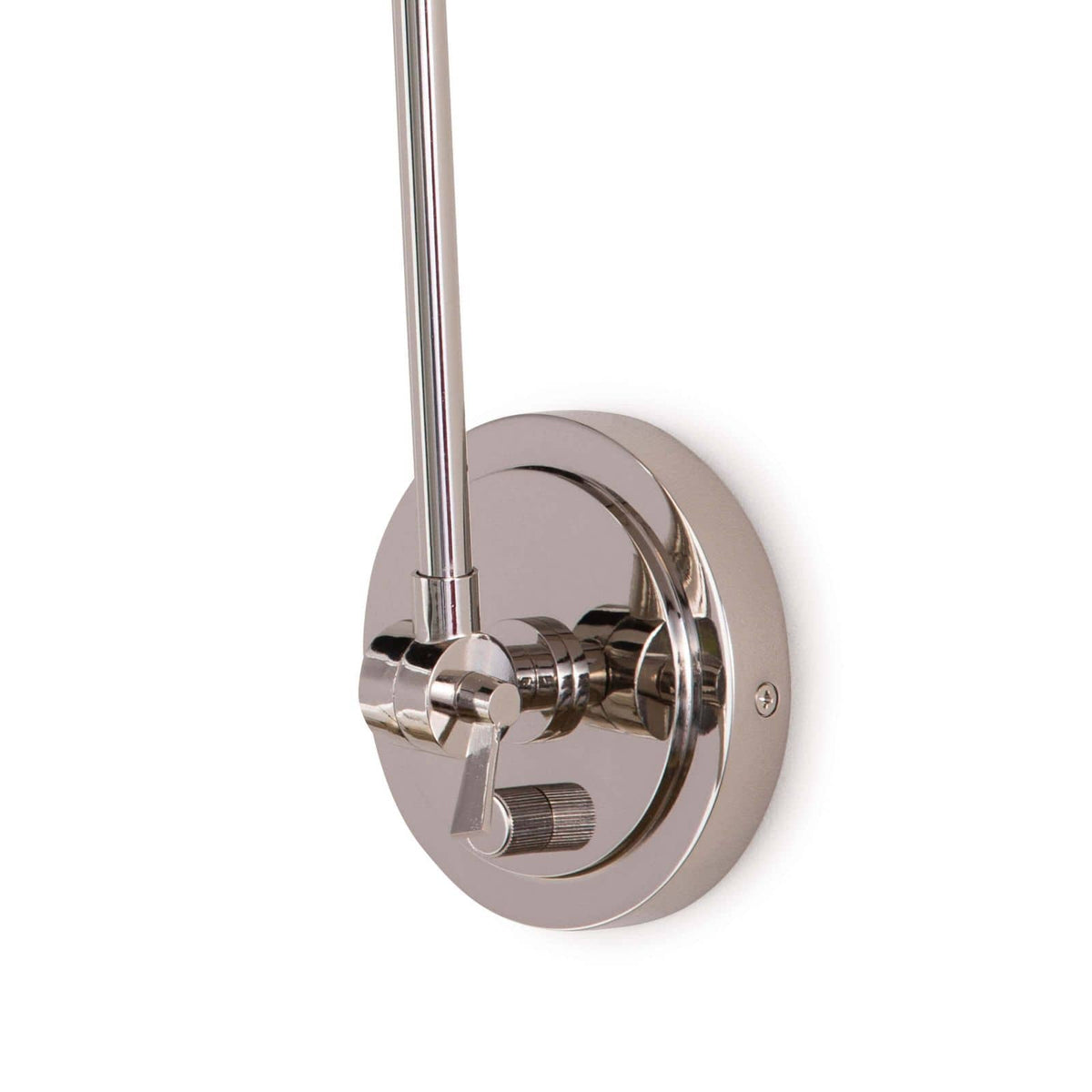 Polished nickel Sal Task Sconce with adjustable arm, round base, and dimmer switch.