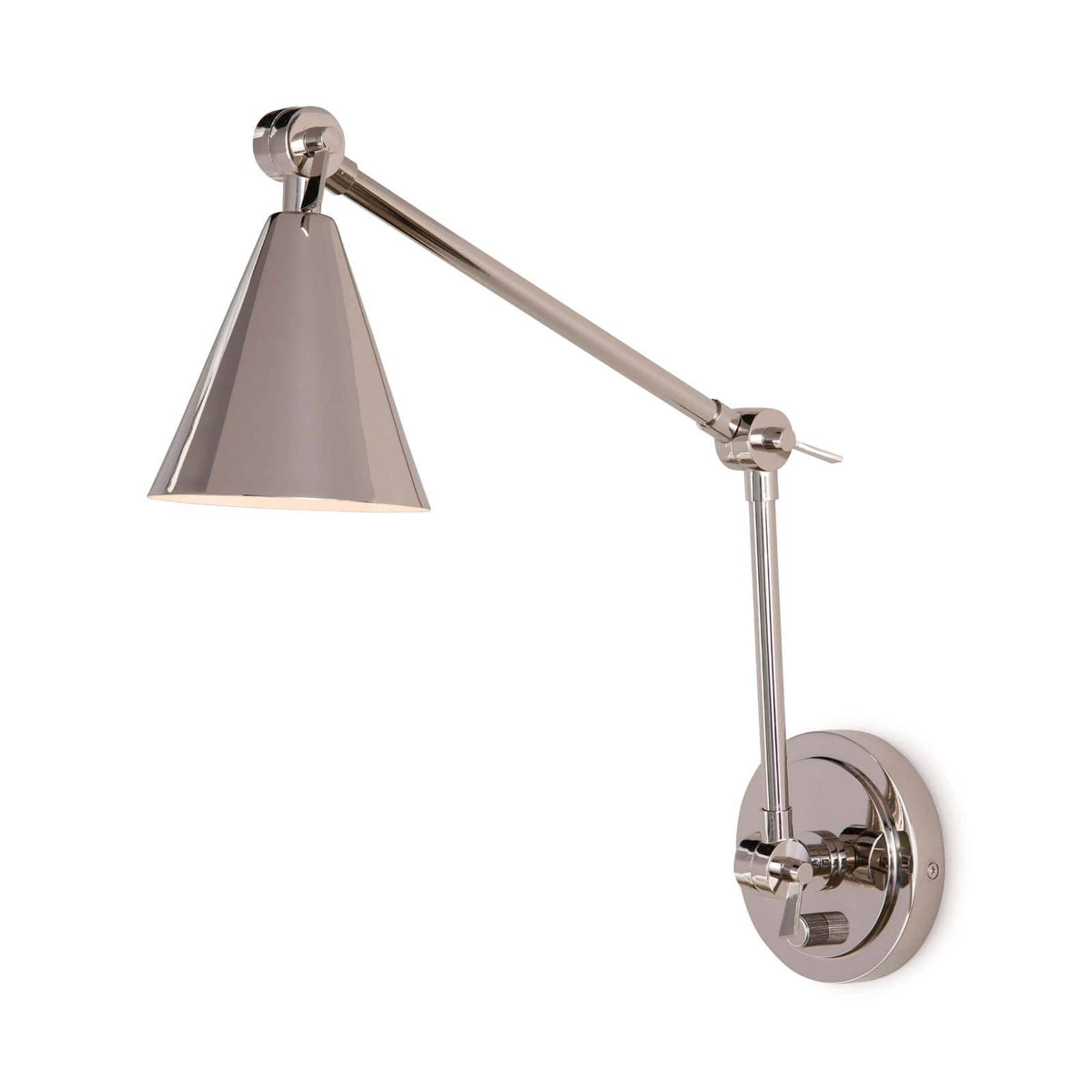 Sal Task Sconce in polished nickel, featuring an adjustable arm and conical shade, Mid-Century Modern style.