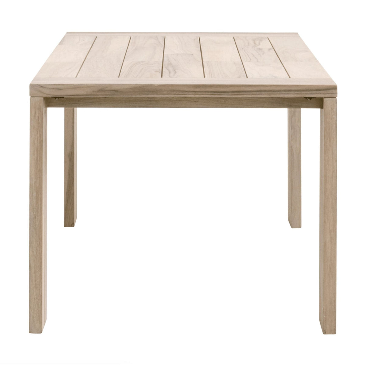 Santini Gray Teak Outdoor Dining Table, a rectangular solid teak wood table with slatted top and sturdy legs.