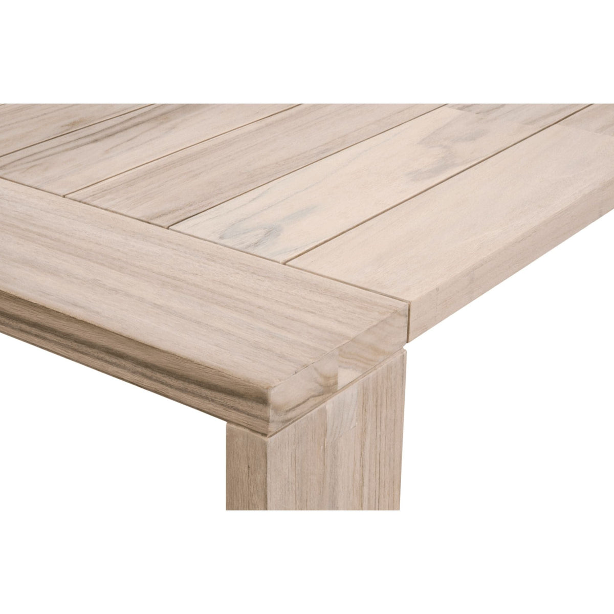 Santini Gray Teak Outdoor Dining Table, showing the light gray solid teak wood top and sturdy leg.