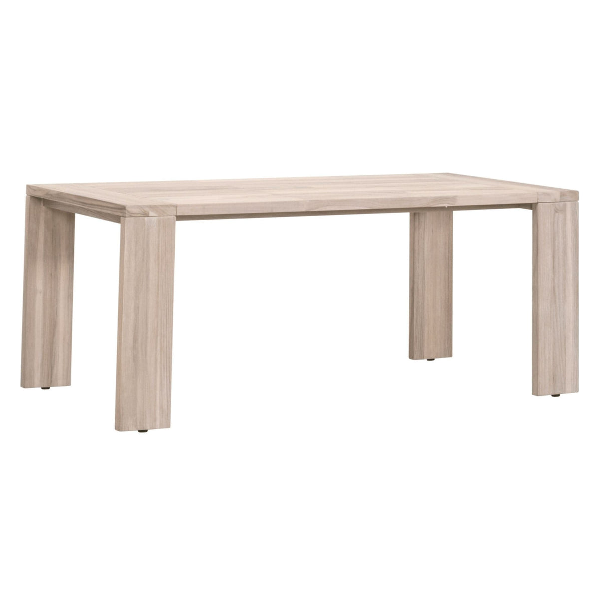 Santini Gray Teak Outdoor Dining Table, a rectangular light gray solid teak wood table with sturdy legs.