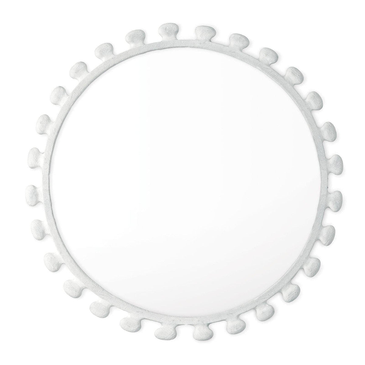 Sanya 32" round metal mirror with a matte white, paper maché-inspired finish and sculptural border.